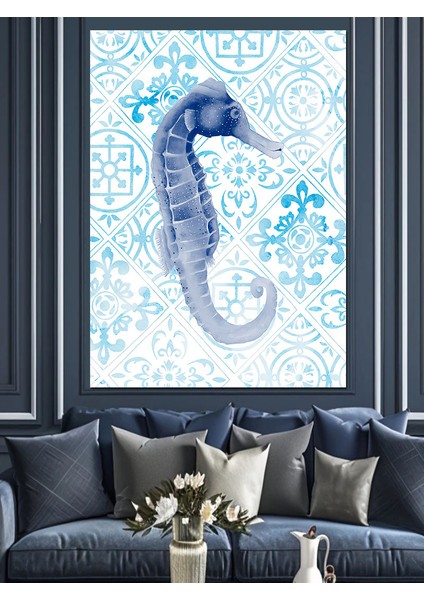 Deniz Atı ve Mavi Motifler Dekoratif Kanvas - Mdf Ahşap Tablo fiyatları