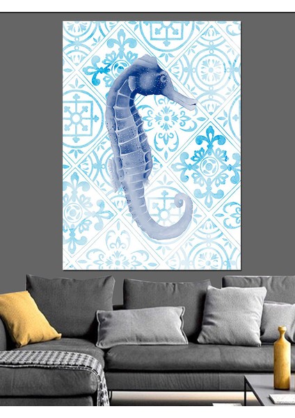 Deniz Atı ve Mavi Motifler Dekoratif Kanvas - Mdf Ahşap Tablo modelleri