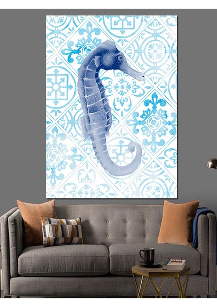 Deniz Atı ve Mavi Motifler Dekoratif Kanvas - Mdf Ahşap Tablo fırsatları