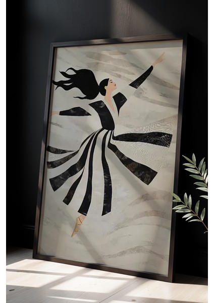 Dans Eden Soyut Kadın, Minimalist Siyah Beyaz Sanat Ahşap Çerçeveli Duvar Tablosu