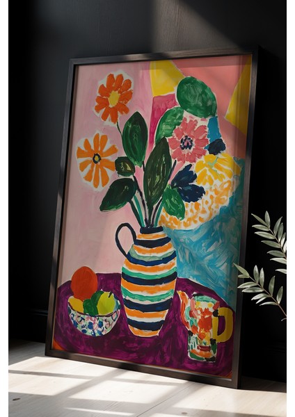 Renkli Çiçek Buketi Sanat Baskısı Duvar Sanatı Ahşap Çerçeveli Duvar Tablosu