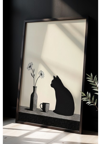 Soyut Kedi Sanatı Ahşap Çerçeveli Duvar Kedi Tablosu