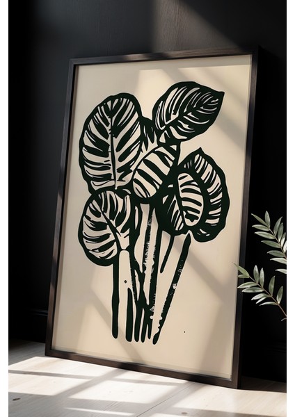 Çiçek Vazosu Siyah Beyaz Baskı Sanatı Ahşap Çerçeveli Duvar Tablosu