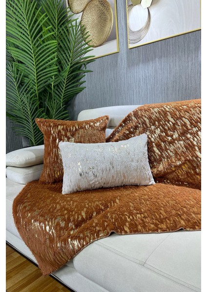 Tavşan Peluş Gold Varak Baskılı Koltuk Örtüsü & Şalı - Tarçın
