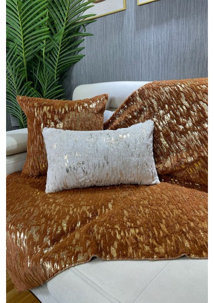 Tavşan Peluş Gold Varak Baskılı Koltuk Örtüsü & Şalı - Tarçın fiyatları