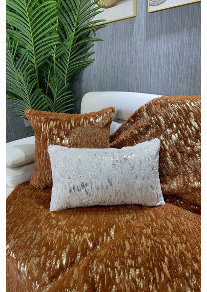 Tavşan Peluş Gold Varak Baskılı Koltuk Örtüsü & Şalı - Tarçın modelleri