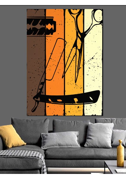 Ustura Makas Berber Dekoratif Kanvas - Mdf Ahşap Tablo