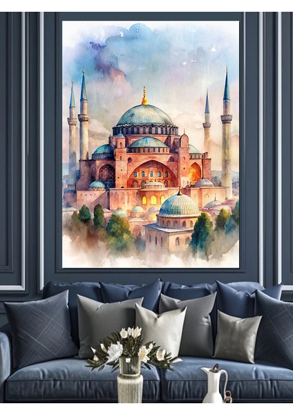 Pastel Renkli Ayasofya Camii Dekoratif Kanvas - Mdf Ahşap Tablo