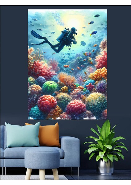 Renkli Mercanlar ve Dalgıç Dekoratif Kanvas - Mdf Ahşap Tablo