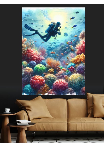 Renkli Mercanlar ve Dalgıç Dekoratif Kanvas - Mdf Ahşap Tablo fiyatları