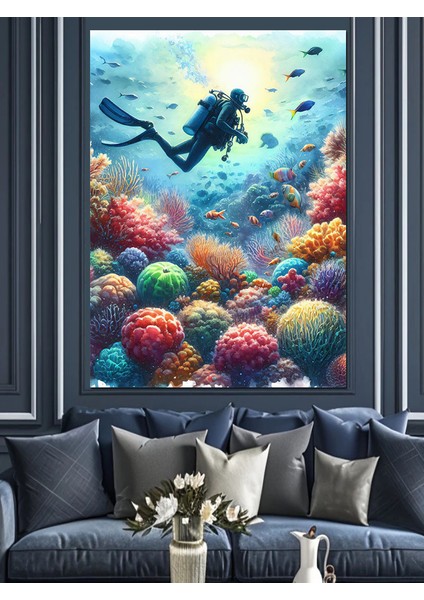 Renkli Mercanlar ve Dalgıç Dekoratif Kanvas - Mdf Ahşap Tablo modelleri