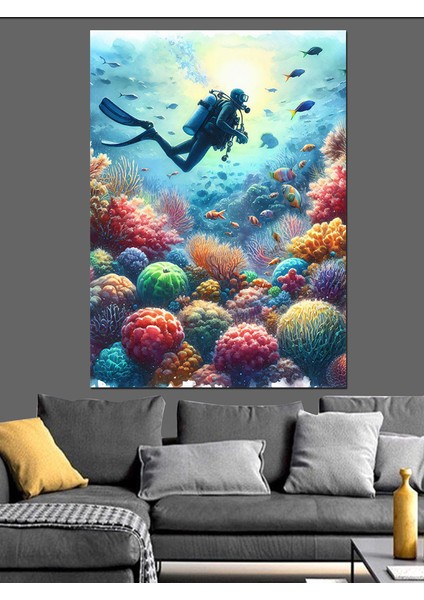 Renkli Mercanlar ve Dalgıç Dekoratif Kanvas - Mdf Ahşap Tablo fırsatları