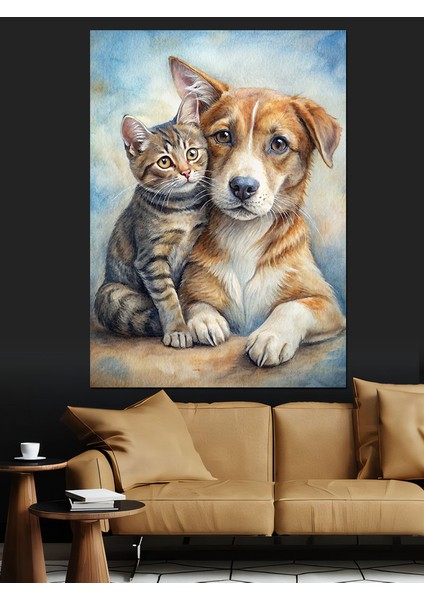 Kedi ve Köpek Dostluğu Dekoratif Kanvas - Mdf Ahşap Tablo