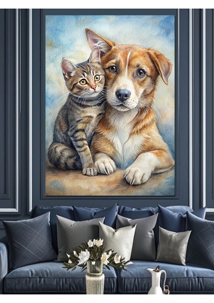 Kedi ve Köpek Dostluğu Dekoratif Kanvas - Mdf Ahşap Tablo fiyatları