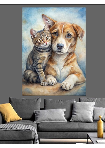 Kedi ve Köpek Dostluğu Dekoratif Kanvas - Mdf Ahşap Tablo modelleri