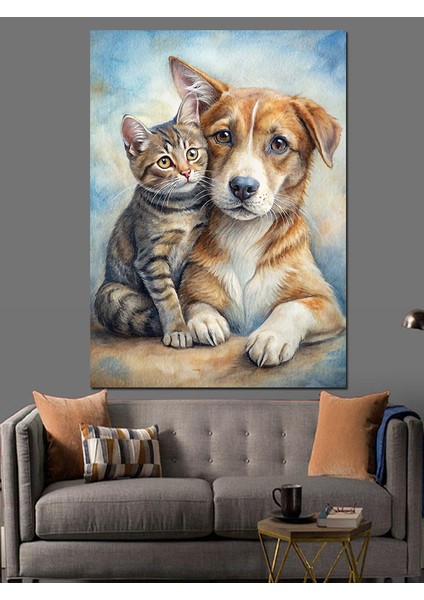 Kedi ve Köpek Dostluğu Dekoratif Kanvas - Mdf Ahşap Tablo fırsatları
