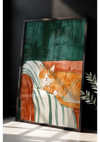 Soyut Kedi Sanatı Ahşap Çerçeveli Duvar Kedi Tablosu