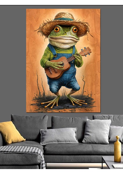 Ukulele Çalan Kurbağa Dekoratif Kanvas - Mdf Ahşap Tablo modelleri