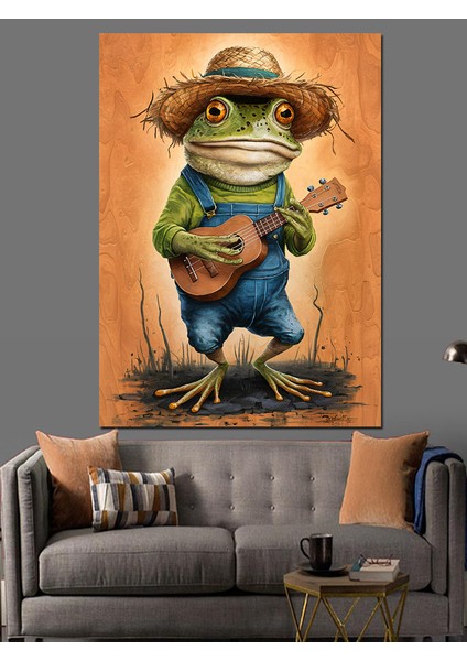 Ukulele Çalan Kurbağa Dekoratif Kanvas - Mdf Ahşap Tablo fırsatları