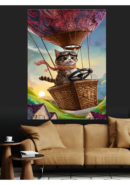 Kedi ve Uçan Balon Dekoratif Kanvas - Mdf Ahşap Tablo