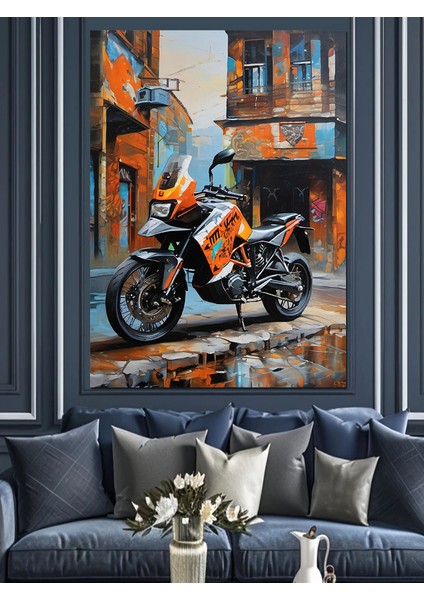 Turuncu Enduro Motor Dekoratif Kanvas - Mdf Ahşap Tablo