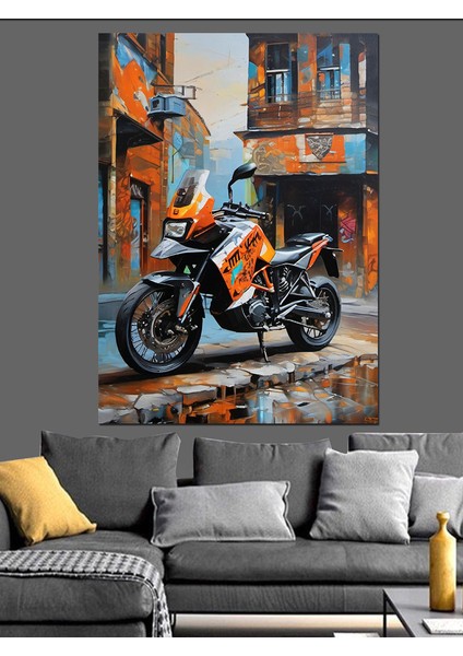 Turuncu Enduro Motor Dekoratif Kanvas - Mdf Ahşap Tablo