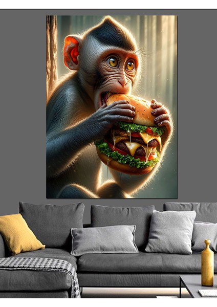 Hamburger Yiyen Maymun Dekoratif Kanvas - Mdf Ahşap Tablo