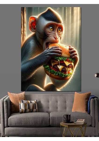 Hamburger Yiyen Maymun Dekoratif Kanvas - Mdf Ahşap Tablo fiyatları