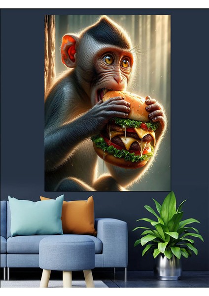 Hamburger Yiyen Maymun Dekoratif Kanvas - Mdf Ahşap Tablo modelleri