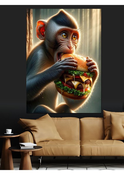 Hamburger Yiyen Maymun Dekoratif Kanvas - Mdf Ahşap Tablo fırsatları
