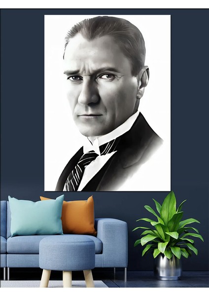 Siyah Beyaz Mustafa Kemal Atatürk Dekoratif Kanvas - Mdf Ahşap Tablo