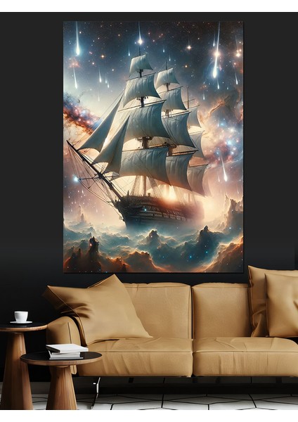 Yelken Tekne ve Yıldızlar Dekoratif Kanvas - Mdf Ahşap Tablo