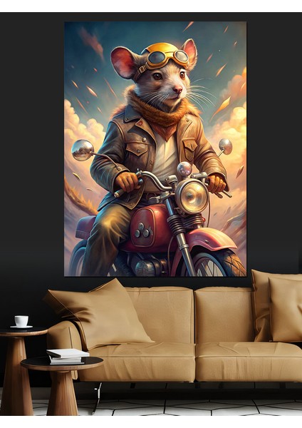 Retro Motosiklet Kullanan Fare Dekoratif Kanvas - Mdf Ahşap Tablo