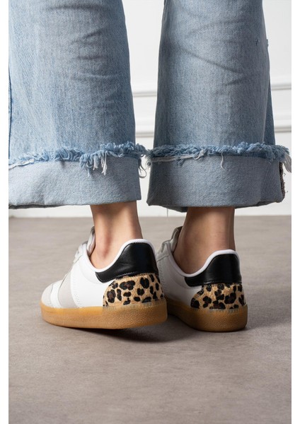Leopar Detaylı Krep Renk Taban Beyaz Günlük Kadın Sneaker fırsatları