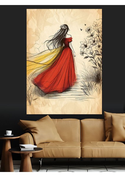 Kırmızı Elbiseli Kadın Dekoratif Kanvas - Mdf Ahşap Tablo