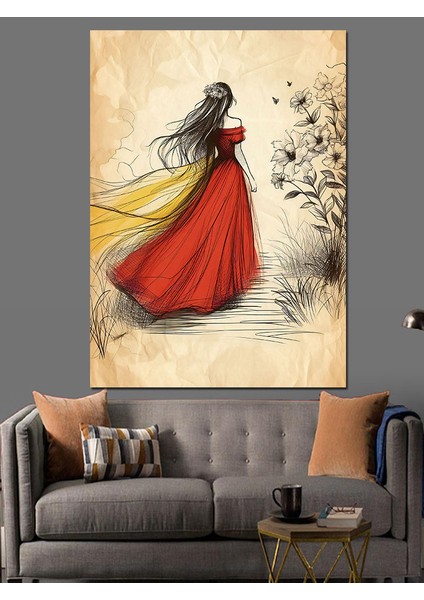Kırmızı Elbiseli Kadın Dekoratif Kanvas - Mdf Ahşap Tablo fırsatları