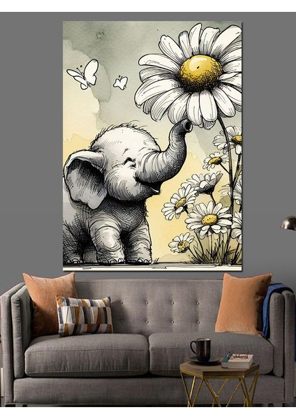 Yavru Fil ve Papatya Dekoratif Kanvas - Mdf Ahşap Tablo