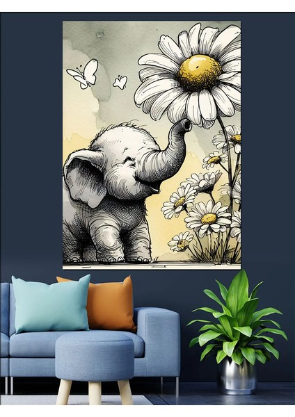 Yavru Fil ve Papatya Dekoratif Kanvas - Mdf Ahşap Tablo fiyatları