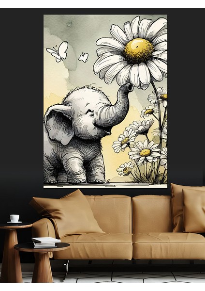 Yavru Fil ve Papatya Dekoratif Kanvas - Mdf Ahşap Tablo modelleri