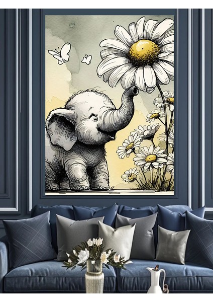 Yavru Fil ve Papatya Dekoratif Kanvas - Mdf Ahşap Tablo fırsatları