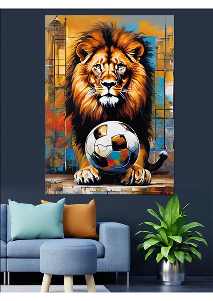Aslan ve Futbol Topu Dekoratif Kanvas - Mdf Ahşap Tablo