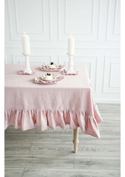 Buldan Keten Fırfırlı Vintage Pastel Pembe Masa Örtüsü fiyatları