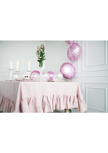 Buldan Keten Fırfırlı Vintage Pastel Pembe Masa Örtüsü modelleri