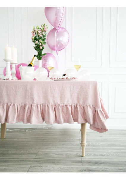 Buldan Keten Fırfırlı Vintage Pastel Pembe Masa Örtüsü fırsatları