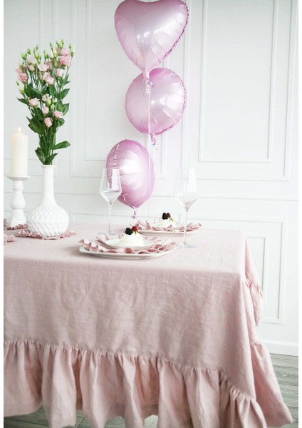 Buldan Keten Fırfırlı Vintage Pastel Pembe Masa Örtüsü indirimleri
