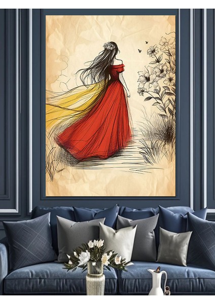 Kırmızı Elbiseli Kadın Dekoratif Kanvas - Mdf Ahşap Tablo fiyatları