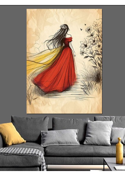 Kırmızı Elbiseli Kadın Dekoratif Kanvas - Mdf Ahşap Tablo modelleri
