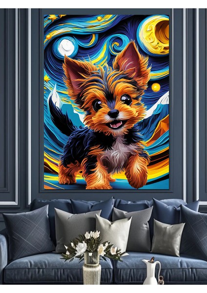 Yavru Köpek ve Van Gogh Dekoratif Kanvas - Mdf Ahşap Tablo