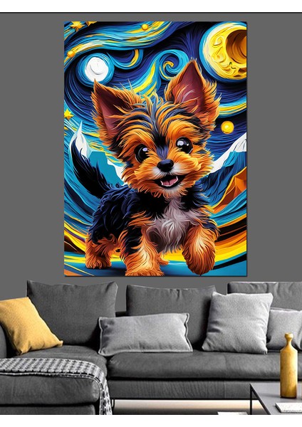 Yavru Köpek ve Van Gogh Dekoratif Kanvas - Mdf Ahşap Tablo