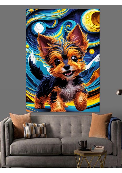 Yavru Köpek ve Van Gogh Dekoratif Kanvas - Mdf Ahşap Tablo